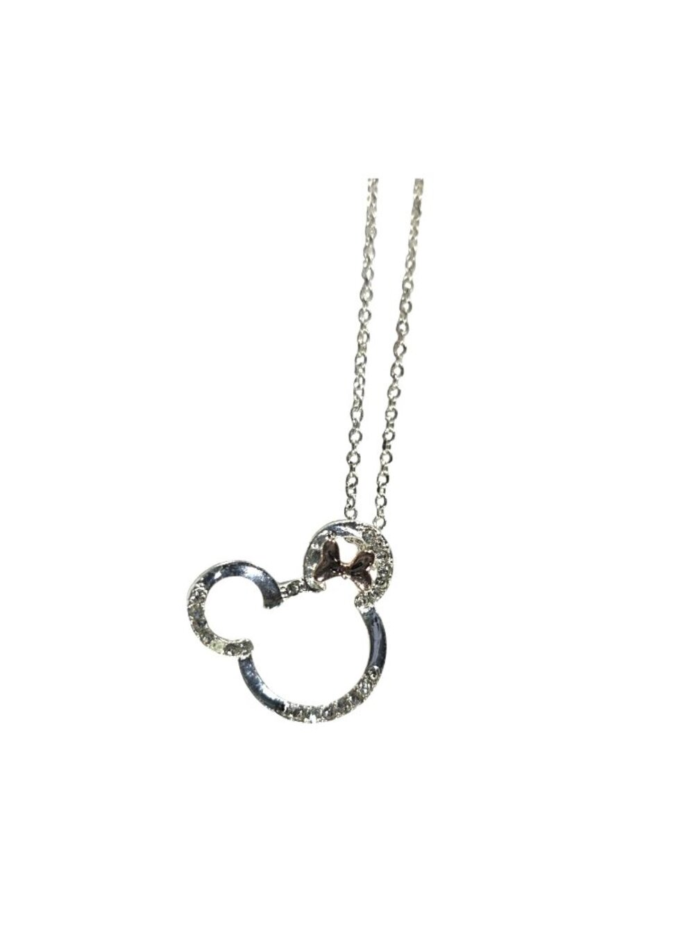 Disney Minnie Mouse Silver-Tone Necklace Rhinestone Rose Gold tone Bow Pendant